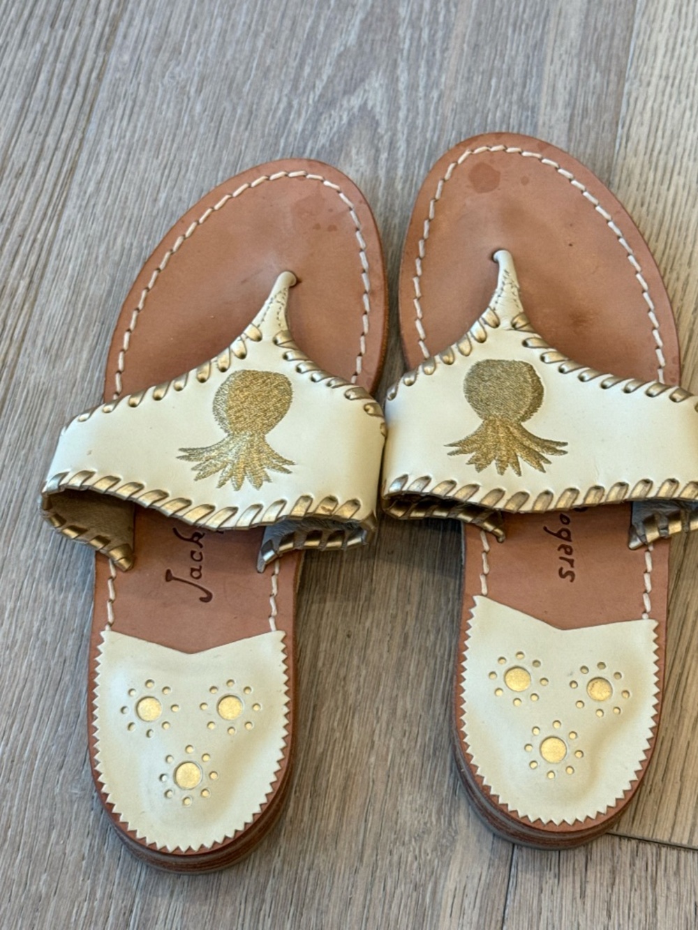 Jack Rogers Navajo Pineapple Sandals Cream Gold Leather Flip Flops Women's 7.5